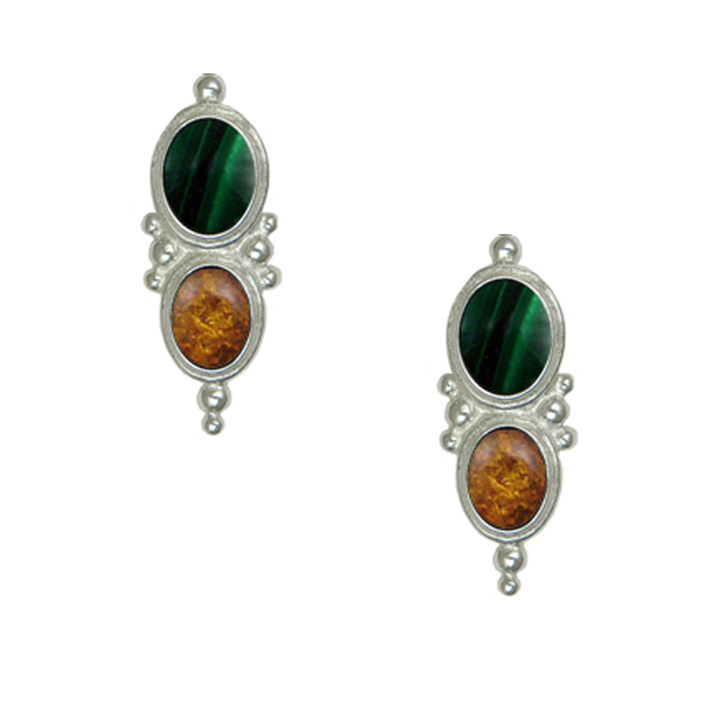 Sterling Silver Drop Dangle Earrings With Malachite And Amber